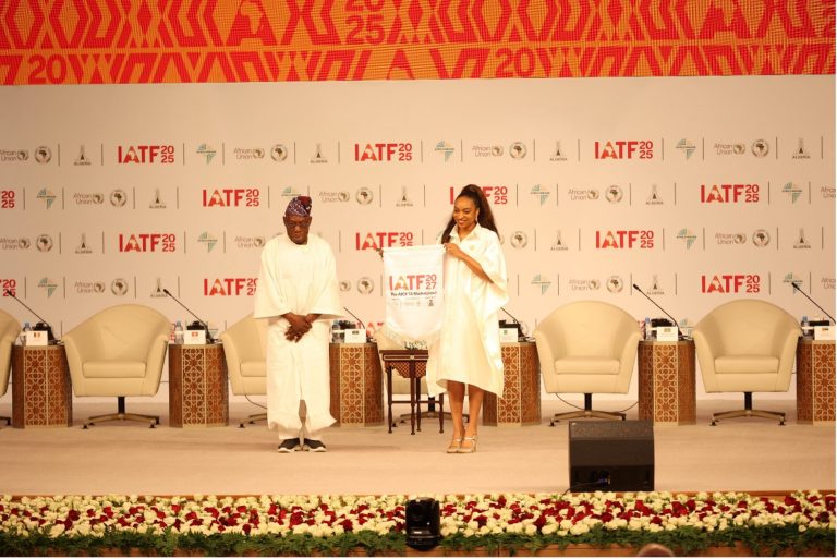 Nigeria’s Minister of Industry, Trade and Investment, Dr Jumoke Aduwole after receiving the flag to host the fifth edition of the Intra-African Trade Fair in 2027 from the Chairman of the IATF Advisory Council, ex-President of Nigeria, Chief Olusegun Obasanjo. Photo: Afreximbank