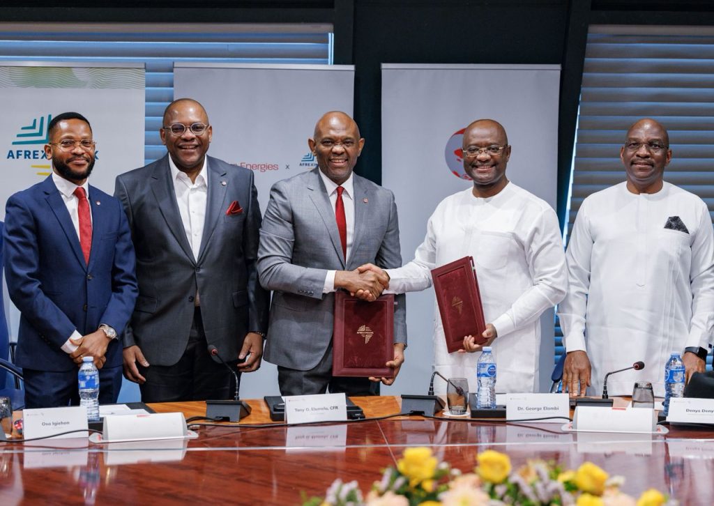 Dr. George Elombi, President of Afreximbank and Mr. Tony Elumelu, Chairman, Heirs Energies Limited with the signed agreement. Photo: Afreximbank