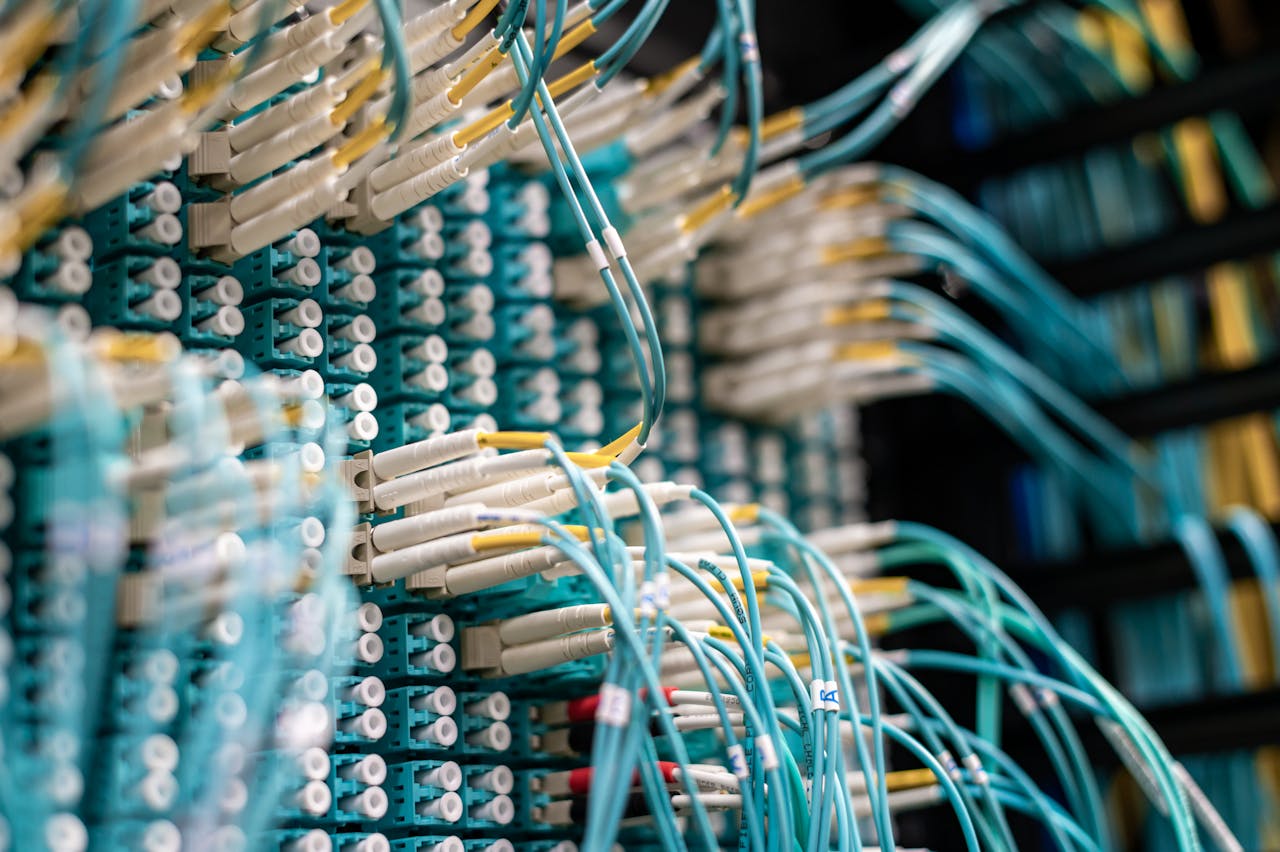 Detailed view of fiber optic cables connected to a patch panel in a data center. Photo by Brett Sayles @Pexels