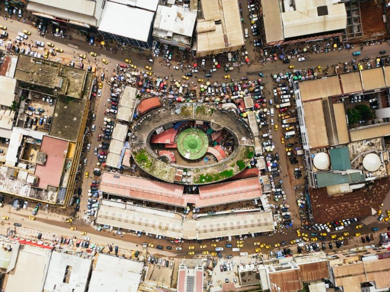 Aerial shot of bustling central market in Yaoundé, Cameroon. Photo @Pexels
