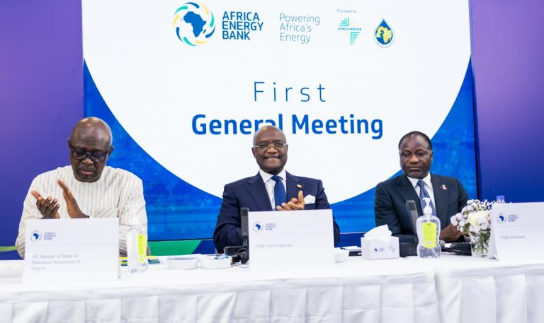 L-R: Sen. Heineken Lokpobiri, Hon. Minister for State Petroleum Resources (Oil), Federal Government of Nigeria, Dr. George Elombi, President and Chairman of the Board of Directors at Afreximbank and Hon Mamadou Sangafowa-Coulibaly, Minister of Mines, Petroleum and Energy of Côte d'Ivoire during the first General Meeting of the Africa Energy Bank in Abuja, Nigeria