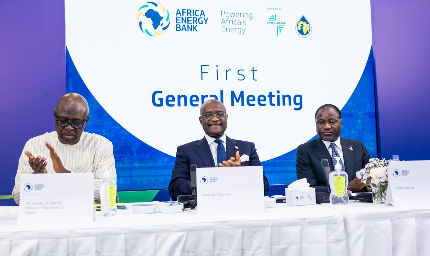 L-R: Sen. Heineken Lokpobiri, Hon. Minister for State Petroleum Resources (Oil), Federal Government of Nigeria, Dr. George Elombi, President and Chairman of the Board of Directors at Afreximbank and Hon Mamadou Sangafowa-Coulibaly, Minister of Mines, Petroleum and Energy of Côte d'Ivoire during the first General Meeting of the Africa Energy Bank in Abuja, Nigeria